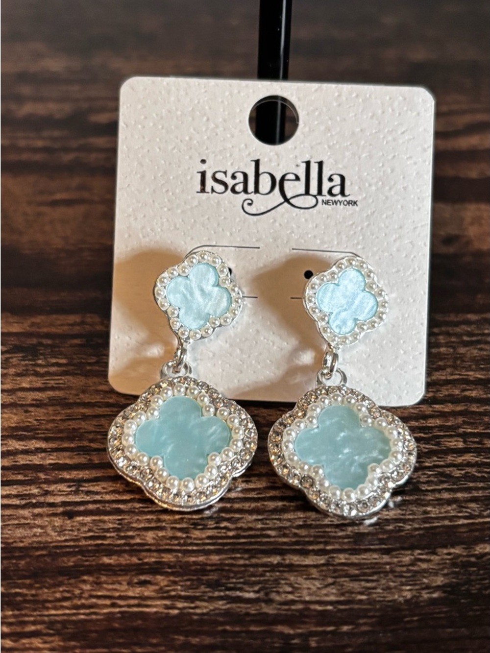 Light‎ Blue Silver Tone Quatrefoil Drop Earrings